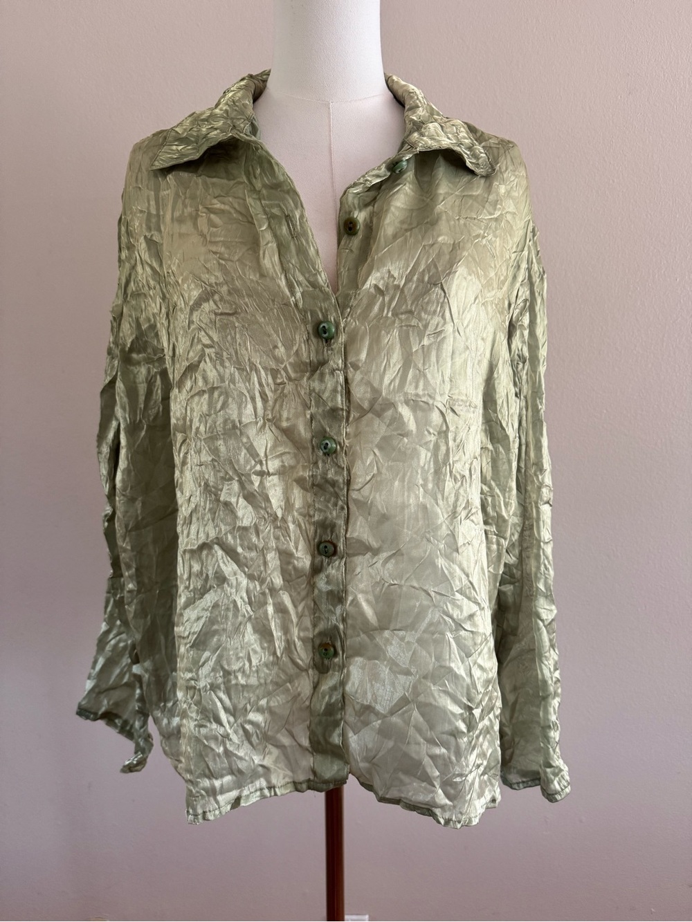 Vintage Barbara Lesser Sage Green Crinkle Button-Down - Y2K Boho Shimmer Top